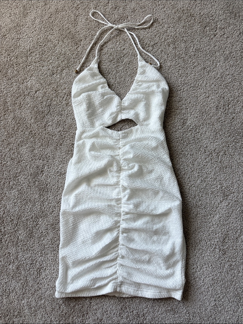 Hello Molly White Halter Cutout Low Back Ruched Mini Dress